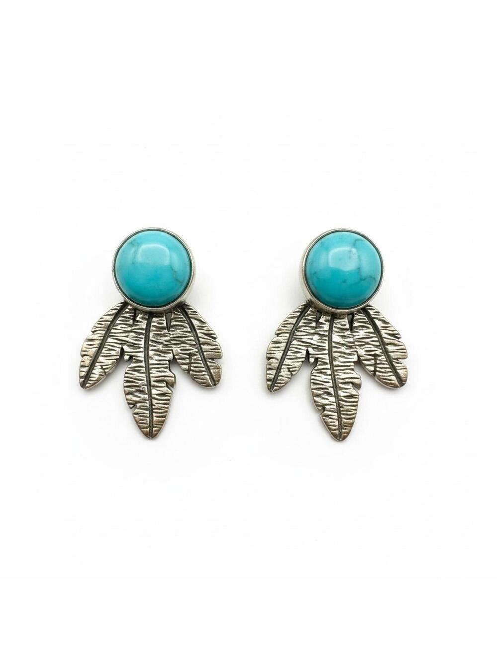 Southwestern Style Turquoise & Sterling Silver Feather Stud Earrings - Picture 2 of 4